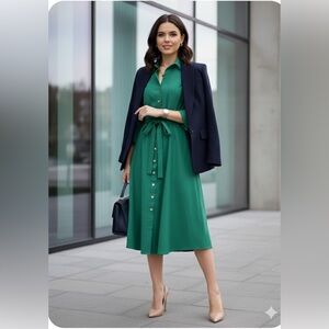 Sharagano Green Midi Dress with Navy Blazer